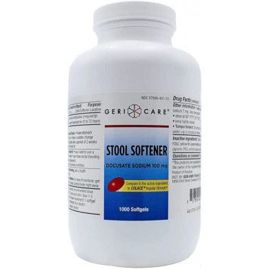 GeriCare Docusate Sodium 100 mg softgel capsules for bowel relief, shown in a bottle with labeled capsules.