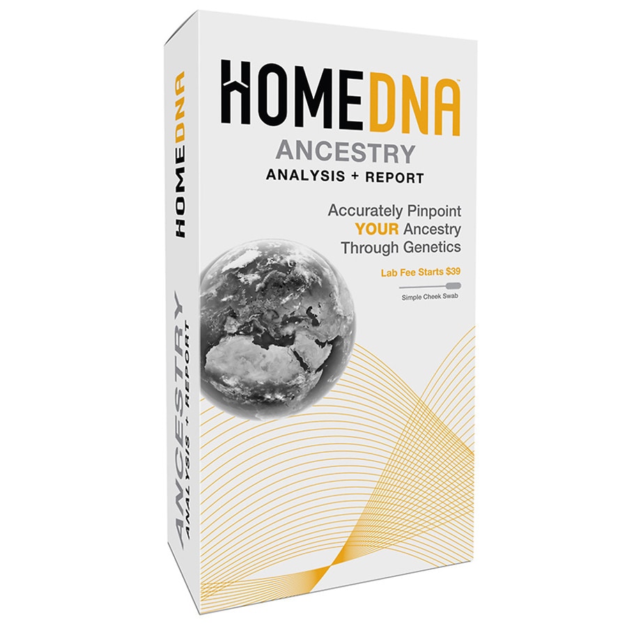 HomeDNA DNA ancestry analysis and report test kit by Pasteur Pharmacy, featuring sample collection tools and detailed ethnicity results.