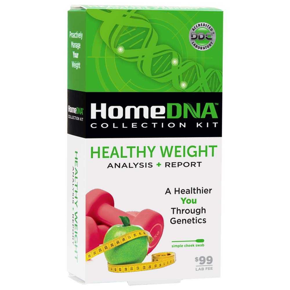 HomeDNA Healthy Weight at-home DNA test kit for personalized nutrition and fitness guidance, shown with collection tube and instruction sheet.