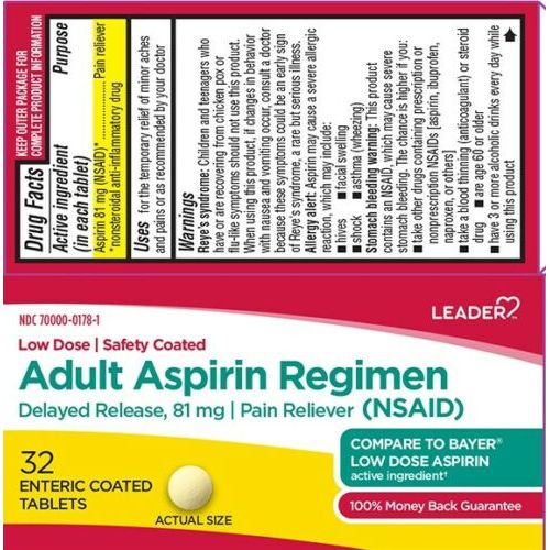 Leader Adult Aspirin enteric-coated tablets for pain relief, 32-count, from Pasteur Pharmacy, designed for cardiovascular health.