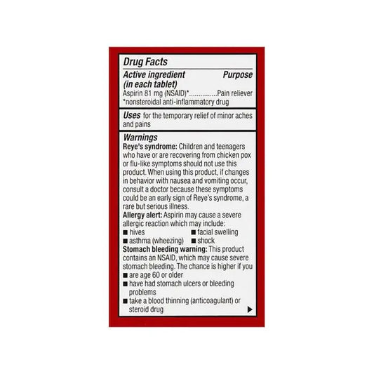 Chewable aspirin tablets in cherry flavor, 81mg, 36-count bottle from Pasteur Pharmacy for heart health and pain relief.