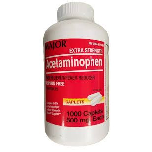 Bottle of Pasteur Pharmacy Major Acetaminophen Extra Strength 500 mg pain reliever and fever reducer tablets.