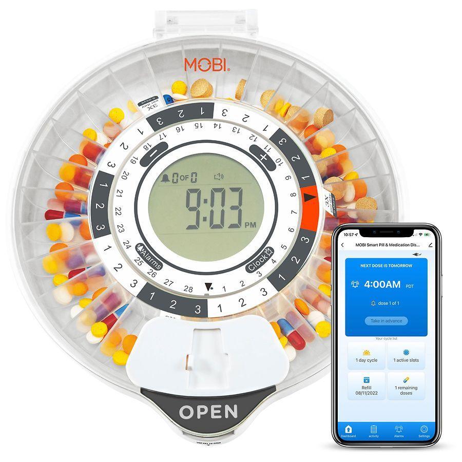 MOBI Connect Wi-Fi Pill Dispenser by Pasteur Pharmacy, a health care device with digital display for medication management.