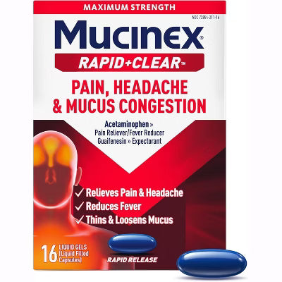 Mucinex Rapid + Clear 200-325mg liquid gel capsules in a 16-count package, designed to relieve congestion and cold symptoms.
