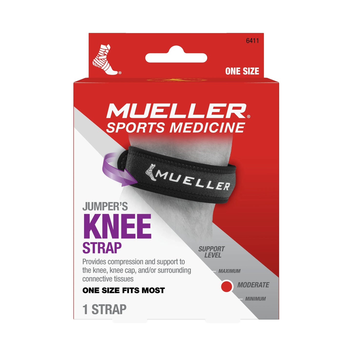 Black Mueller Jumper's Knee Strap for unisex use, adjustable fit, designed to support knee health and stability.