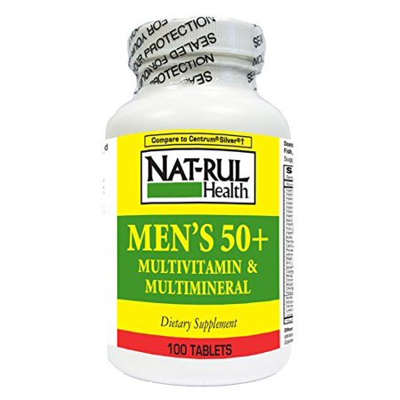 Nat-rul Health Men’s 50+ multivitamin and multimineral bottle from Pasteur Pharmacy, featuring colorful capsules and supplement label.