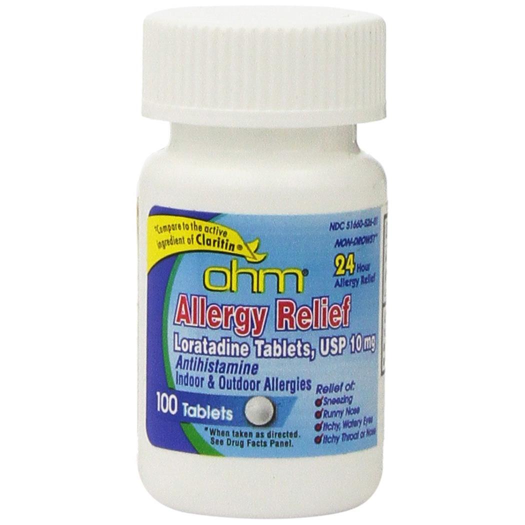 OHM Loratadine 10mg allergy relief tablets, non-drowsy, 24-hour formula, 100-count bottle by Pasteur Pharmacy.