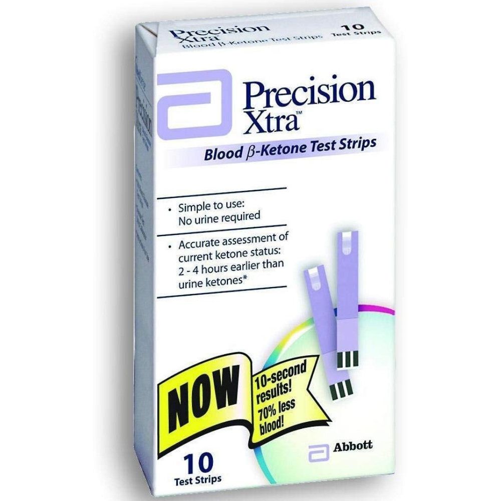 Box of 10 Precision Xtra Blood Ketone Test Strips for health care by Pasteur Pharmacy, used for measuring blood ketone levels.