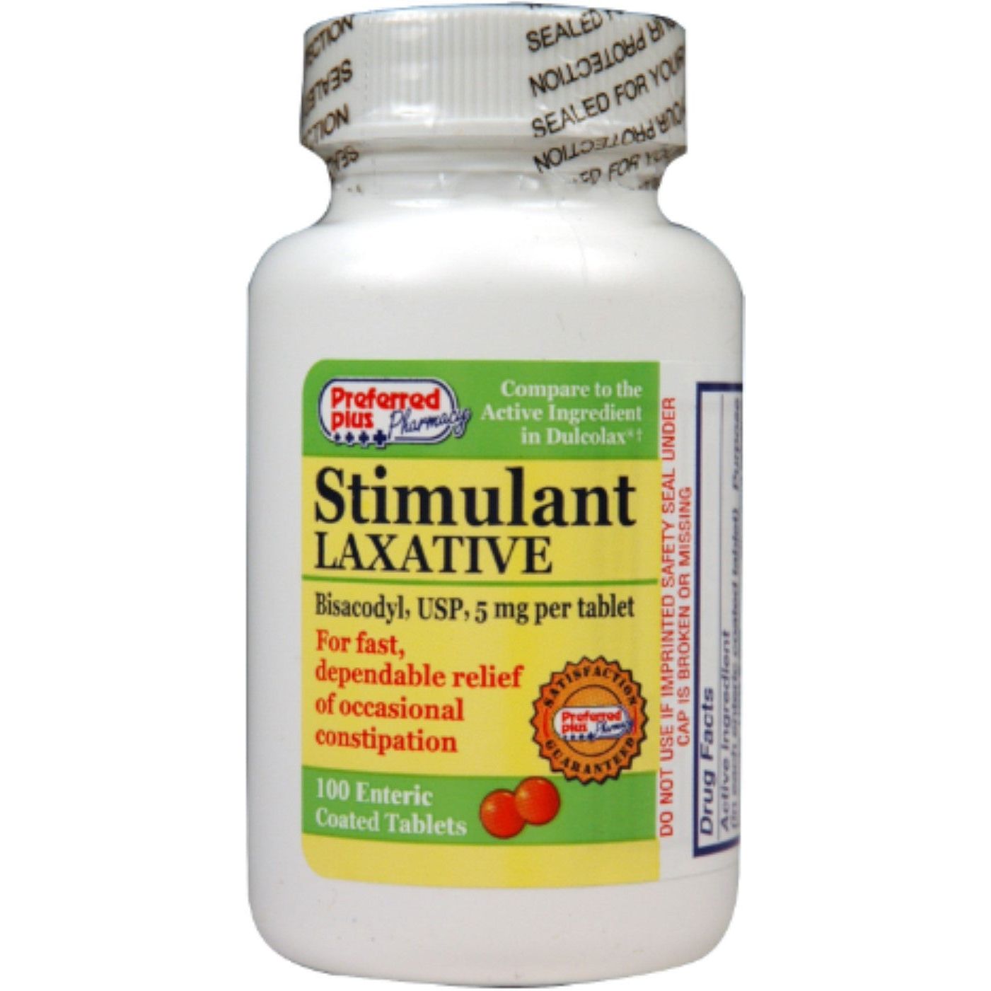 Preferred Plus Bisacodyl stimulant laxative tablets by Pasteur Pharmacy, 5 mg, pack of 4, with 100 tablets per pack.