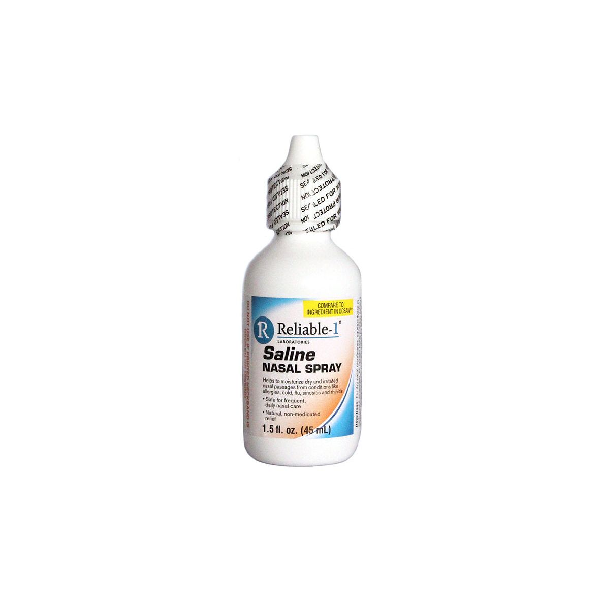 Reliable-1 Saline Nasal Spray from Pasteur Pharmacy in a 1.5 oz bottle, used for nasal relief and moisture.