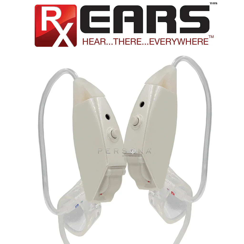 Pair of RxEars digital hearing aids in white, designed for improved hearing, shown in a natural close-up image.