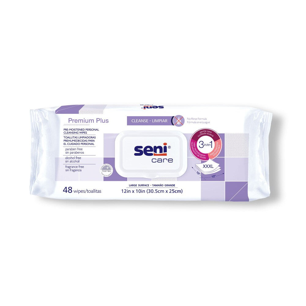 Seni Care Personal Cleansing Wipes in a pack of 48, soft and gentle health care wipes by Pasteur Pharmacy.