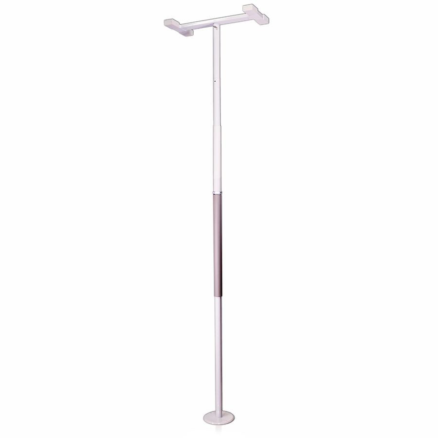 Stander floor-to-ceiling security grab bar pole in a home bathroom for enhanced safety and support.