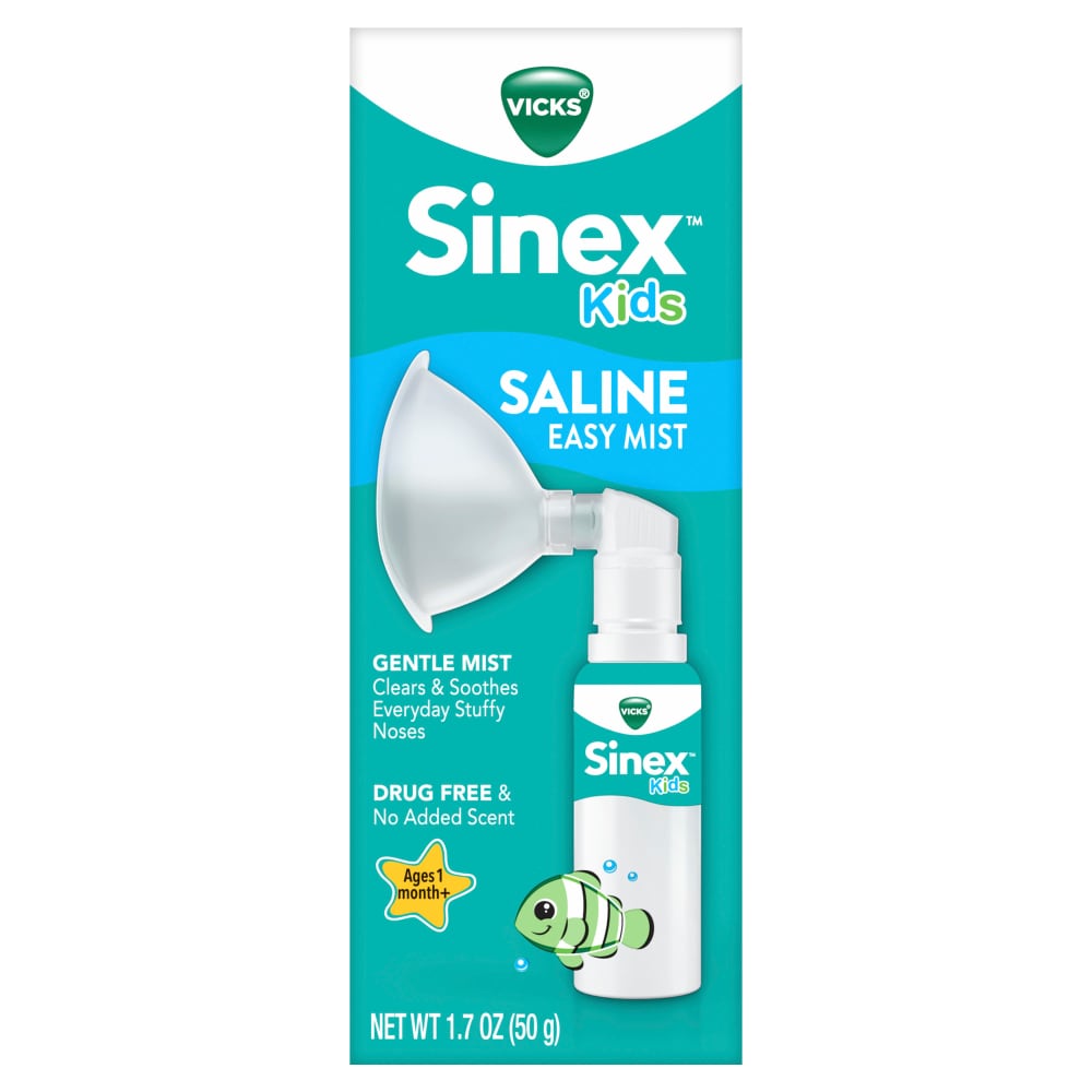 Vicks Sinex Kids Saline Easy Mist bottle, nasal spray for children, in a healthcare setting