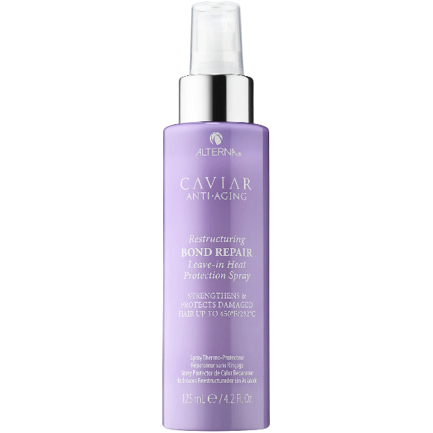 Alterna Caviar Restructuring Bond Repair Leave-In Heat Protection Spray in 4.2oz bottle, designed to protect and strengthen hair.