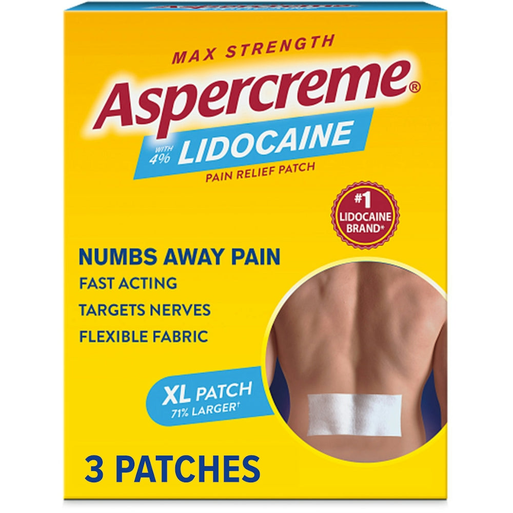 Aspercreme Lidocaine Patch XL for pain relief, maximum strength, three heating patches from Pasteur Pharmacy displayed on a plain background.