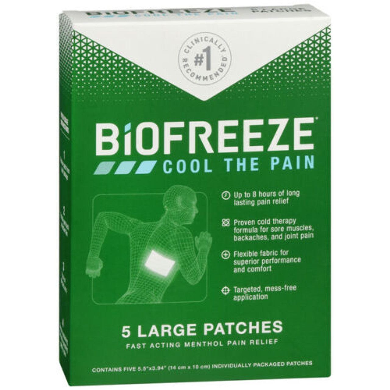 Large Biofreeze Pain Relief Patch by Pasteur Pharmacy, cooling menthol formula, 5-count heating pad for muscle relief.