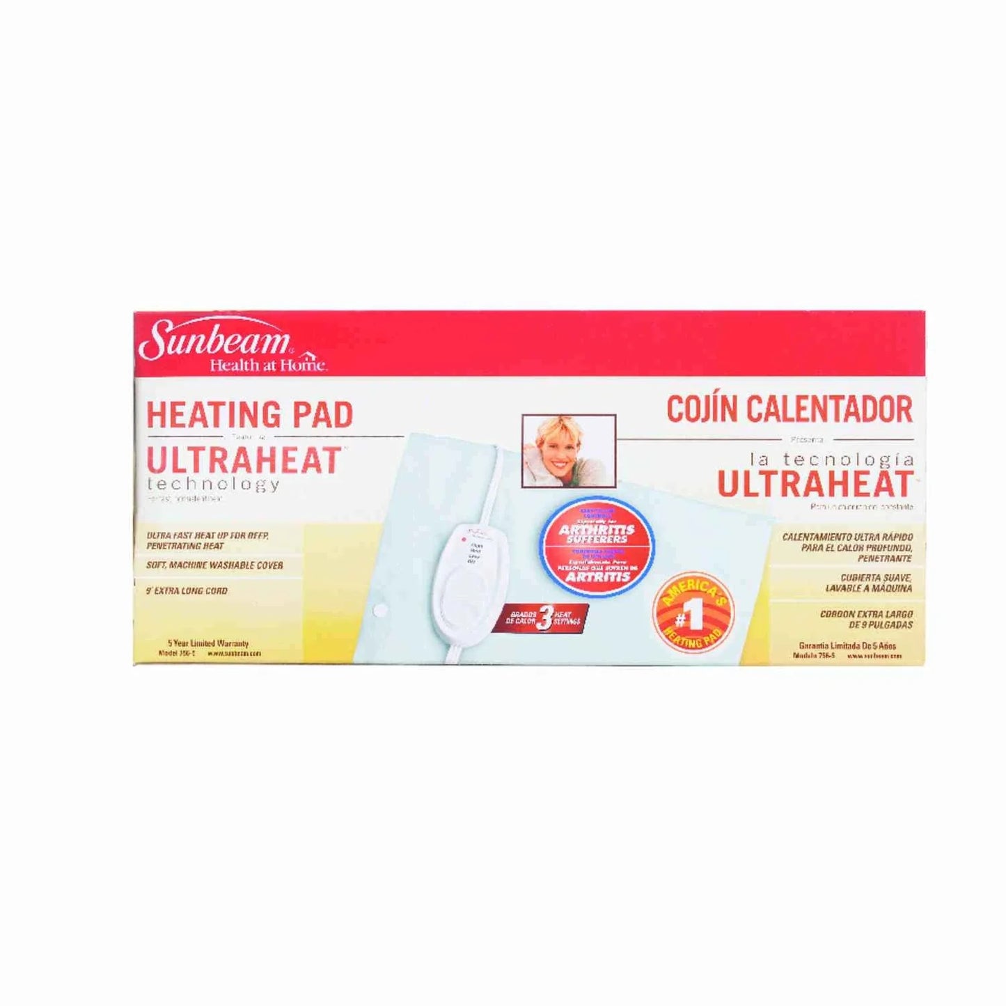 Sunbeam Jarden Ultraheat Technology heating pad from Pasteur Pharmacy, soft fabric covering with control settings visible.
