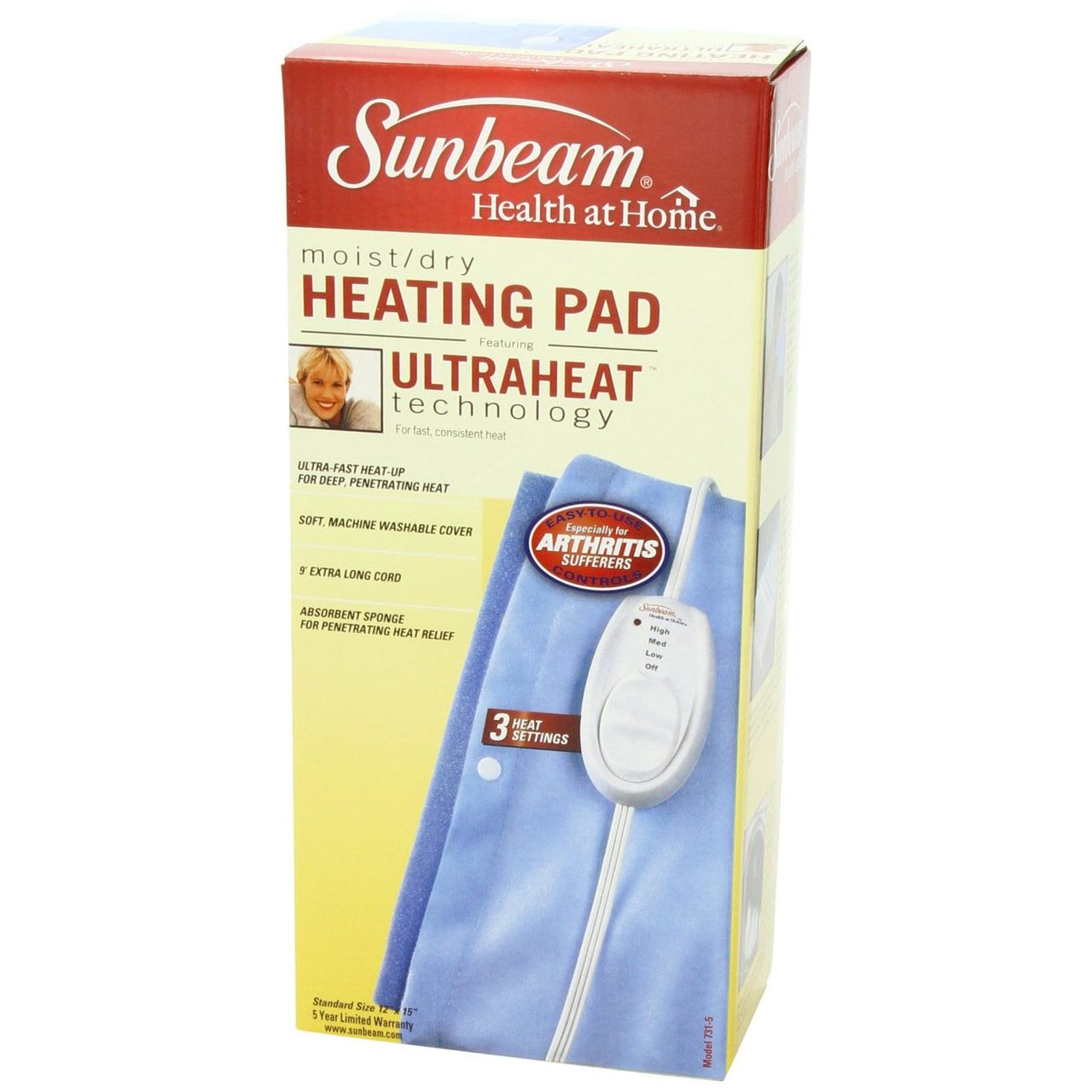 Sunbeam Moist and Dry Heating Pad Model 731-5, flexible heating pad with control settings for pain relief and comfort.