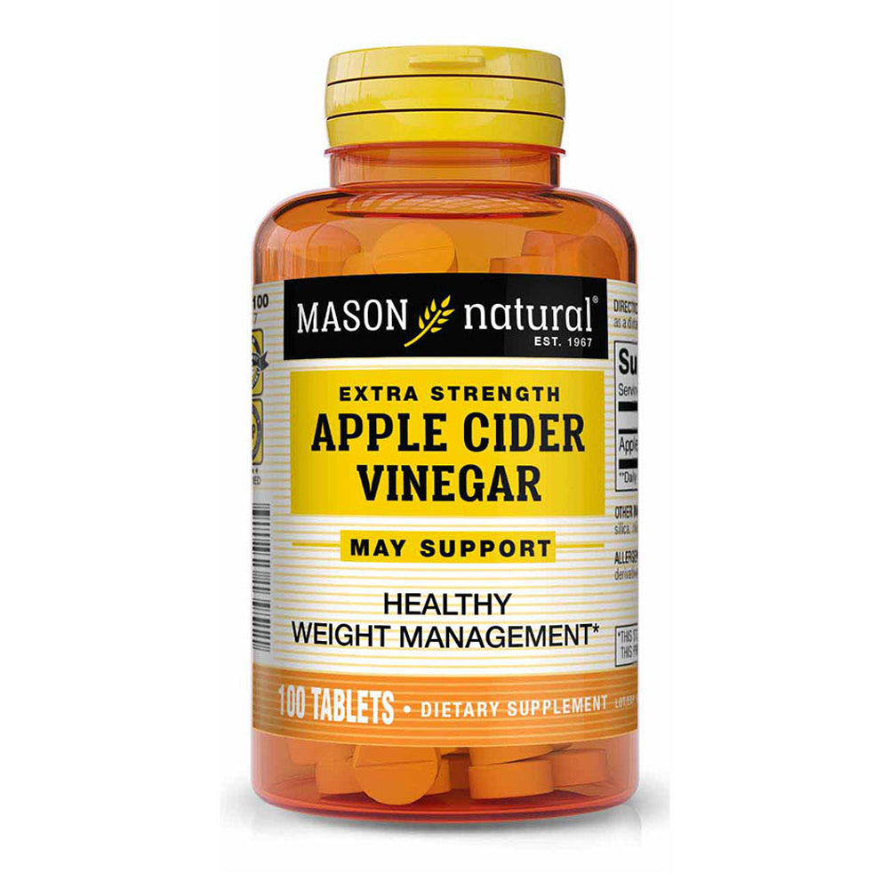 Mason Natural extra strength apple cider vinegar herbal supplement bottles with 100 tablets, natural health product.