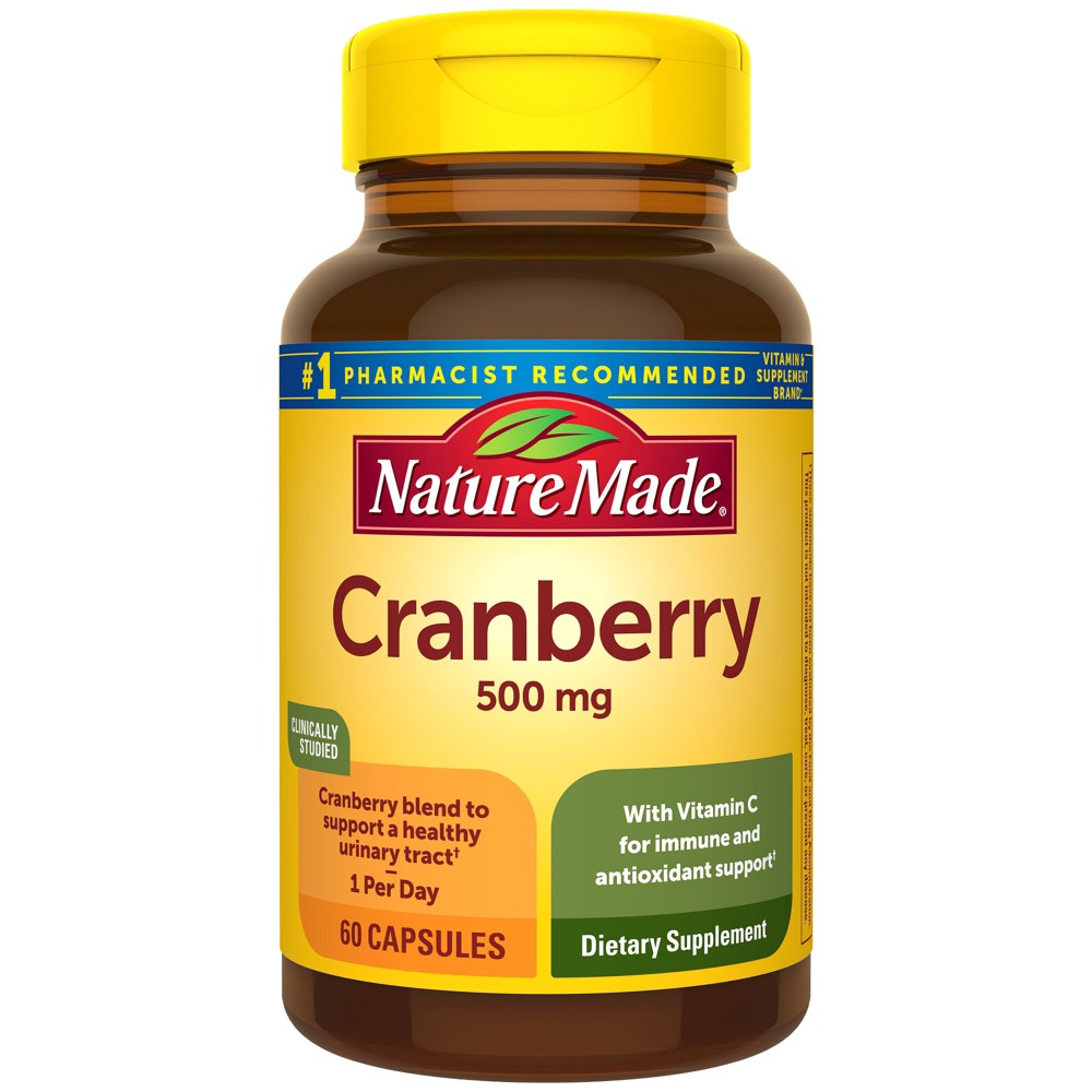 Nature Made Cranberry 500mg herbal supplement capsules, 60-count bottle, natural health supplement for urinary health.