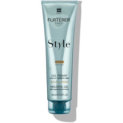 Rene Furterer Style Vegetal Jojoba Holding Gel 5 oz in a clear tube, showcasing its natural styling and hold properties.