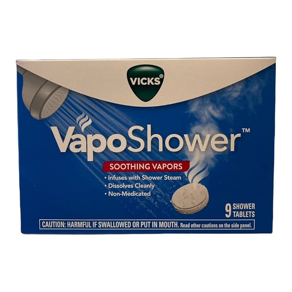 Vicks VapoShower shower tablet with eucalyptus and menthol for aromatherapy steam, 9-count package, home fragrance by Pasteur Pharmacy.