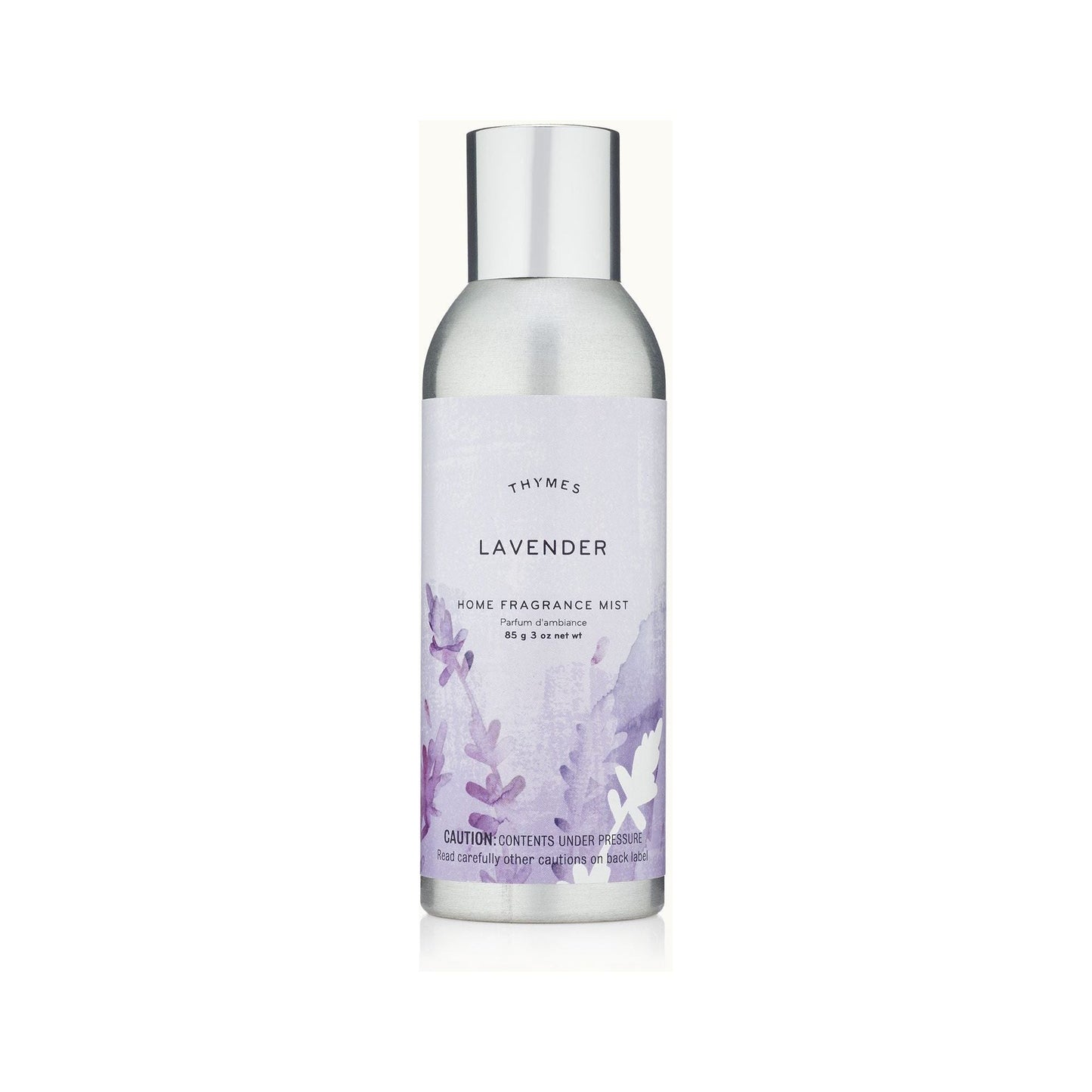 Thymes Lavender Home Fragrance Mist in a 3 oz spray bottle with a sleek design, ideal for freshening indoor spaces.