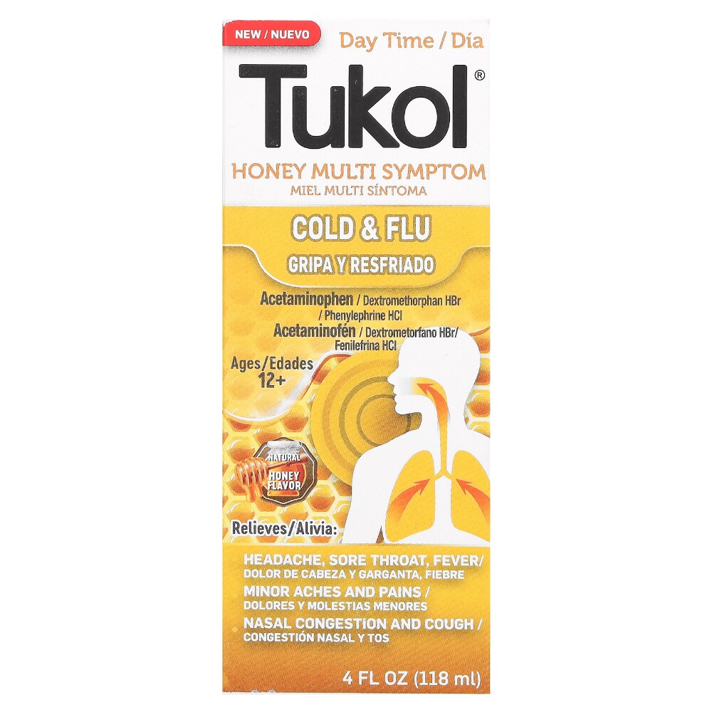 Tukol Day Time Multi Symptom Honey Cold & Flu remedy in 4 oz box, featuring honey-based formula for relief.