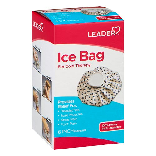 6-inch Leader Ice Bag from Pasteur Pharmacy for hot and cold therapy, shown filled with ice for pain relief.