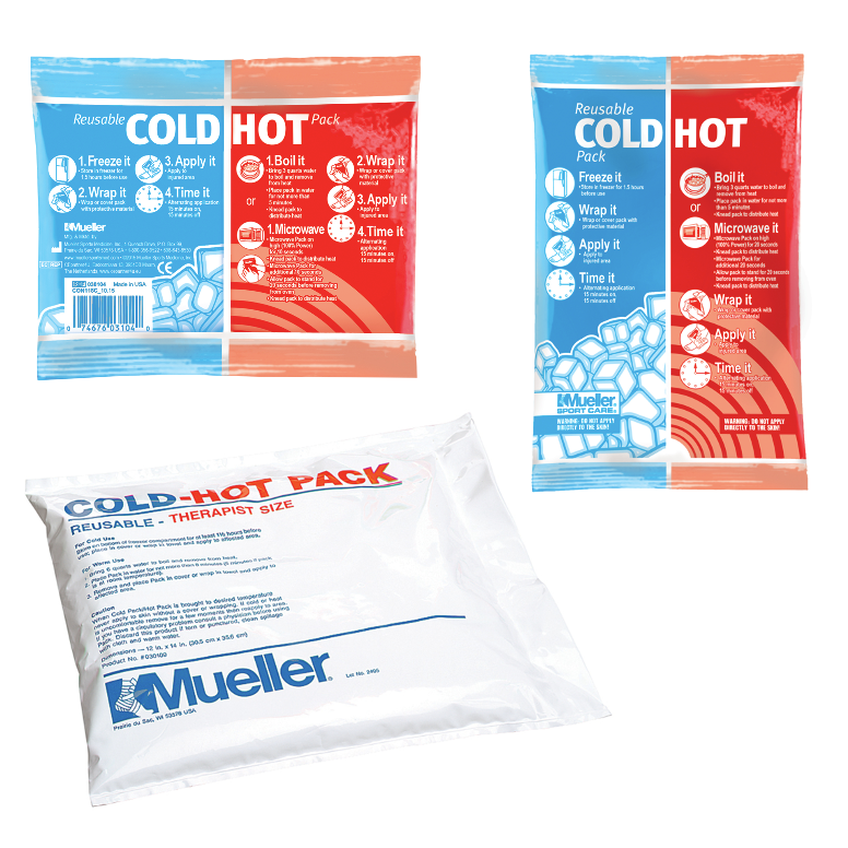 Mueller Sport Care microwaveable reusable hot and cold pack for pain relief, shown on a neutral background.