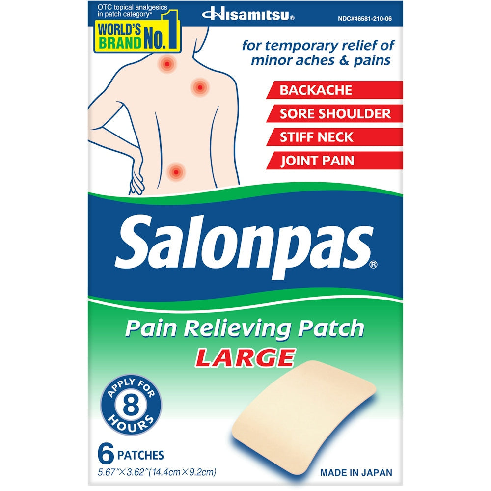 Salonpas Large Pain Relieving Patches by Pasteur Pharmacy, 6-count, for targeted hot and cold therapy for back and shoulders.