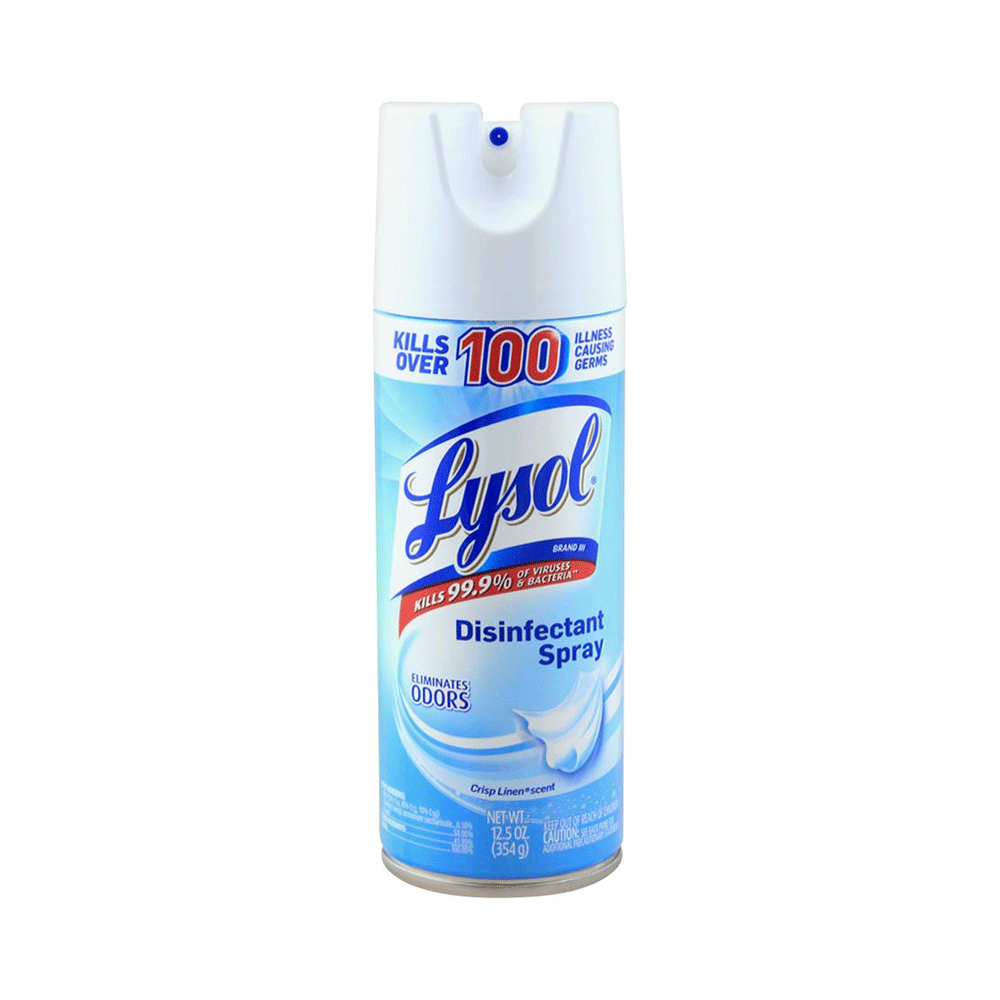 Lysol Disinfectant Spray in Crisp Linen scent, 12.5 oz aerosol can, used for household disinfecting and odor elimination.