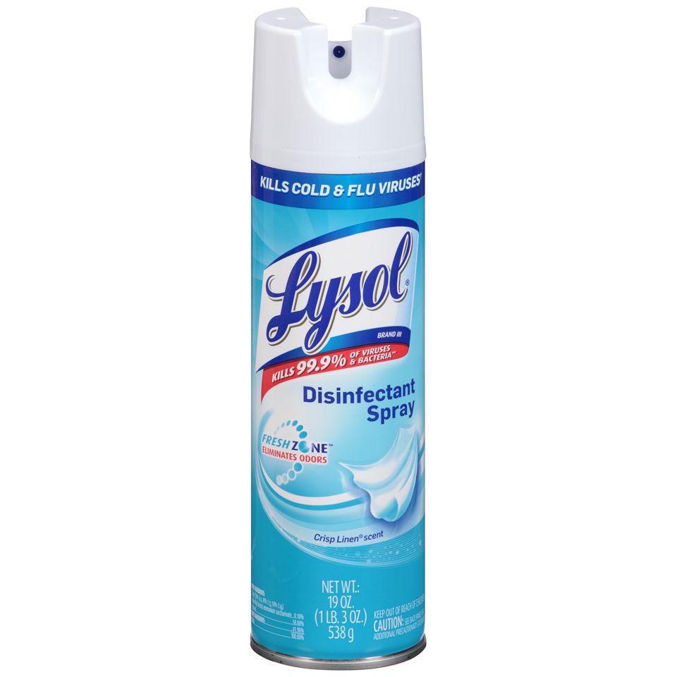 Lysol Disinfectant Spray in Crisp Linen scent, 19 oz aerosol can, used for household disinfecting and freshness.