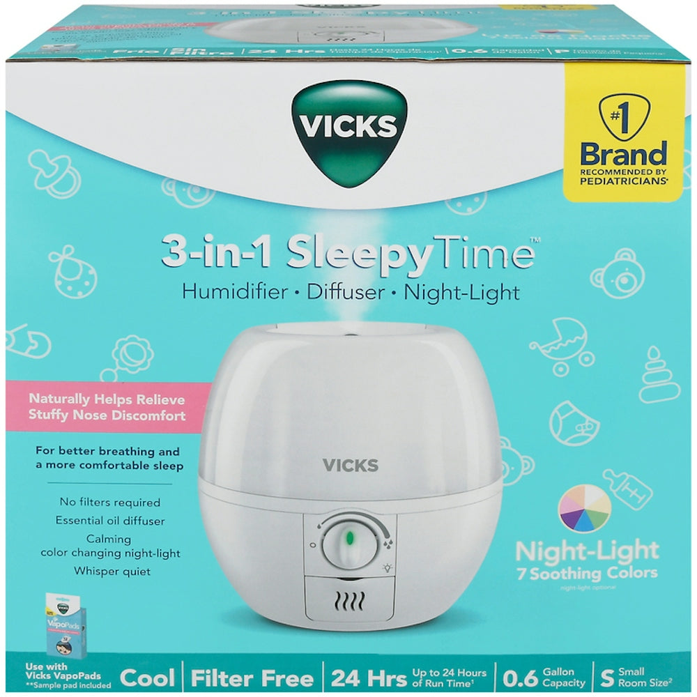 Vicks 3-in-1 Sleepy Time Humidifier Diffuser with nightlight, white plastic body, and adjustable mist nozzle.