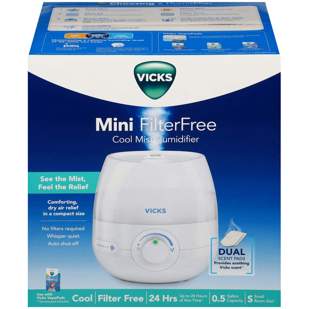 Vicks Cool Mist Humidifier by Pasteur Pharmacy, small filter-free mini humidifier for small room size with water tank and mist outlet