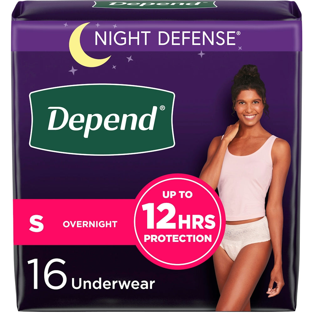 Depend Night Defense incontinence overnight underwear for women, small size, 16-count package, designed for overnight protection.