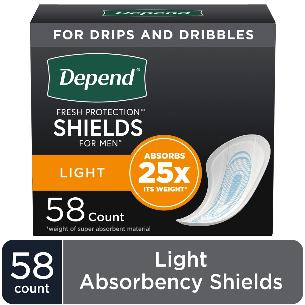 Depend Shields for Men incontinence pads with light absorbency, 58-count, designed for discreet male incontinence management.