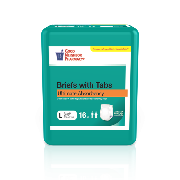GNP Ultimate Absorbency Adult Briefs in large size with tabs, 64-count case, incontinence aids by Pasteur Pharmacy