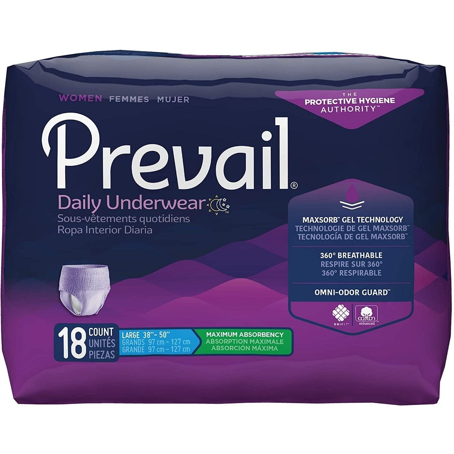Prevail Women's Incontinence Underwear with maximum absorbency, large size, designed for comfortable, secure fit and protection.