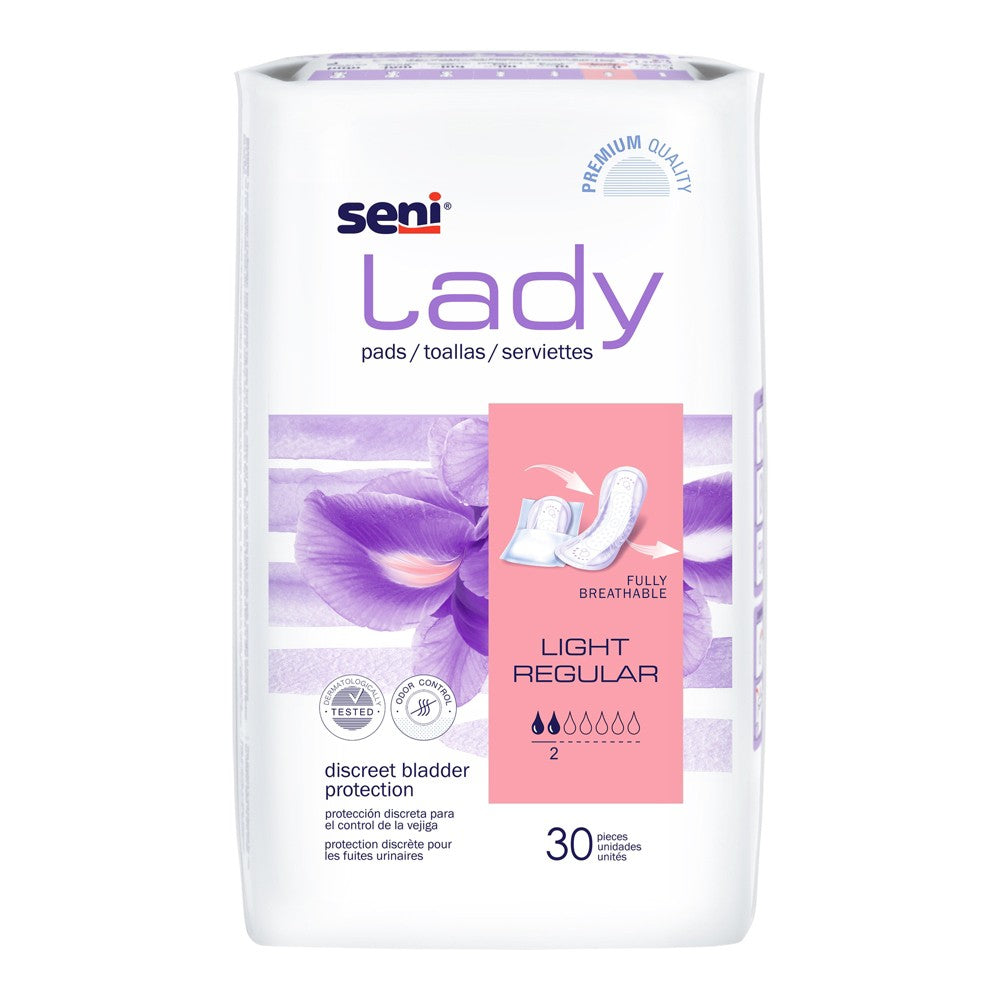 Seni Lady Pads Light Regular incontinence aids by Pasteur Pharmacy, showing thin, discreet absorbent pads for women.
