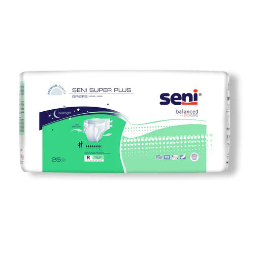 Seni Super Plus adult briefs with tabs for heavy incontinence, regular size, brand Pasteur Pharmacy, case of 75.