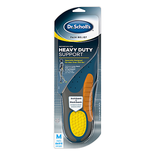 Dr. Scholl's Pain Relief Orthotics heavy-duty insoles for men, size 8-14, shown in a pair designed for added comfort and support.