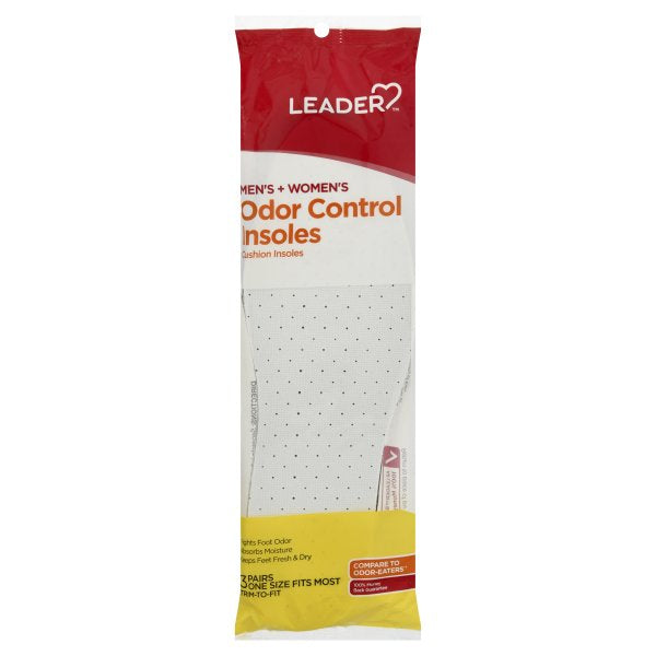 Leader Men's and Women's odor control cushion insoles, three pairs, soft cushioning, designed for comfort and freshness.
