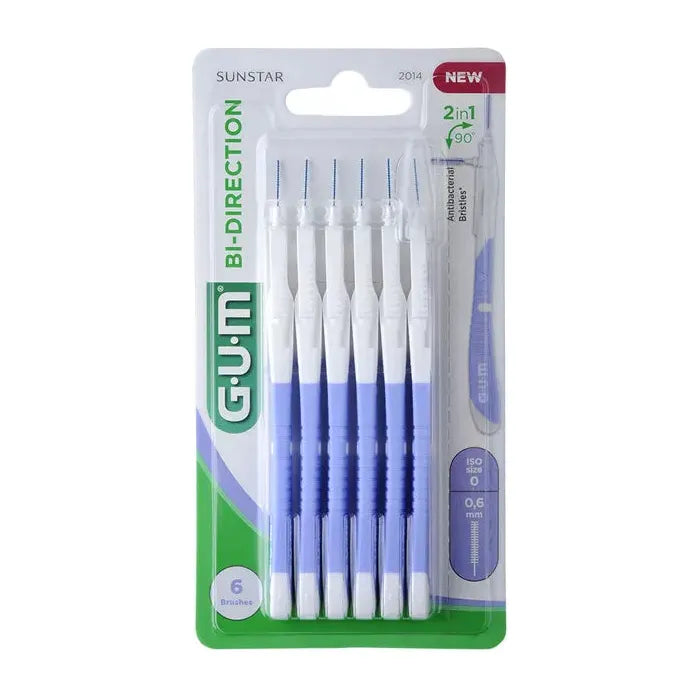 GUM Bi-Direction Interdental Brushes 0.6mm pack of 6, Pasteur Pharmacy, showing interdental cleaning brushes with blue handles
