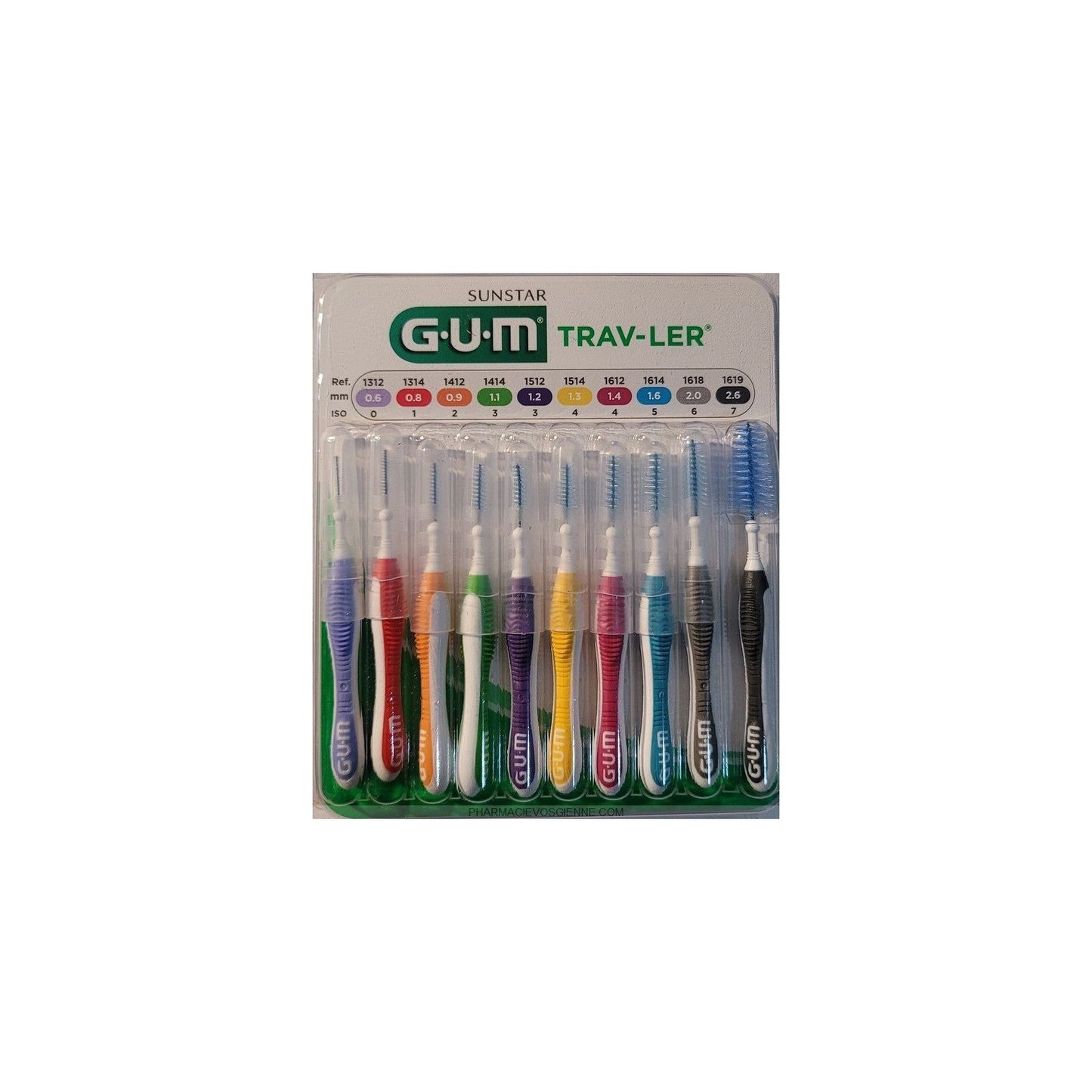 GUM Trav-Ler interdental brushes in various sizes, 10-pack, for effective cleaning between teeth, by Pasteur Pharmacy.