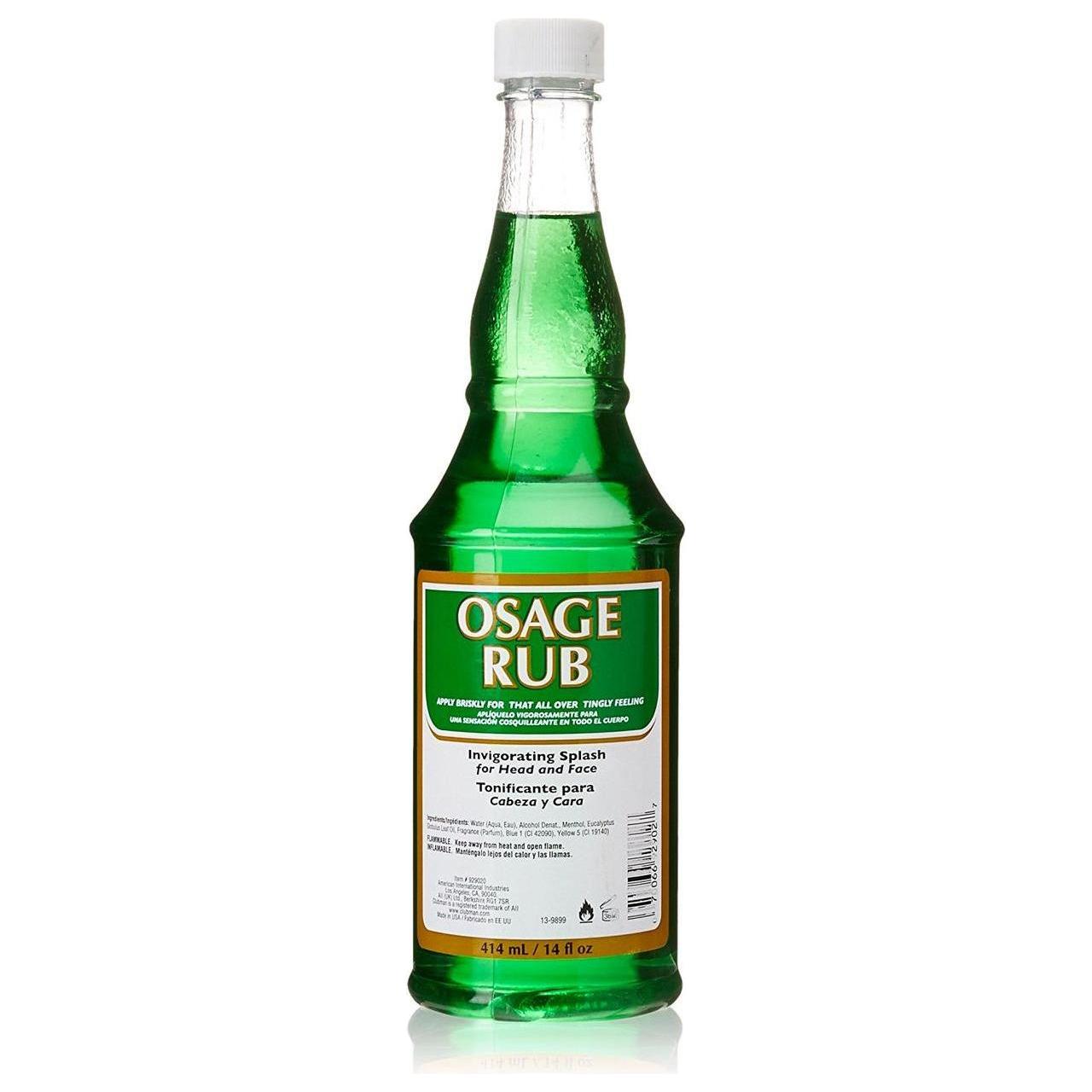 Osage Rub Invigorating Splash in a 14 oz bottle by Pasteur Pharmacy, showing the clear liquid and label on the bottle.
