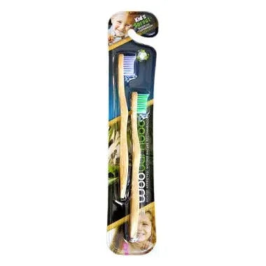 Two soft bamboo sprout kids' toothbrushes by Woobamboo, featuring eco-friendly bamboo handles and colorful bristle heads.