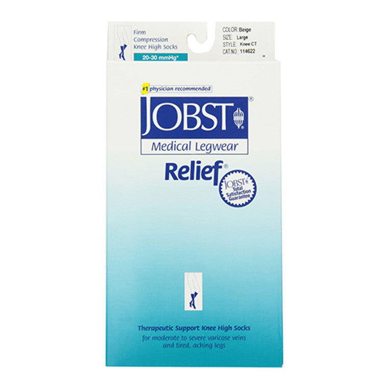 Pair of beige Jobst Medical Legwear Relief Knee High Socks, 20-30 mmHg compression, large size, shown laid flat