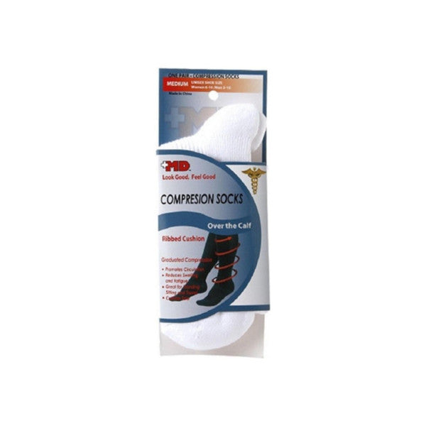 White unisex ribbed compression knee socks by Pasteur Pharmacy, over the calf, medium size, designed for improved circulation and support.